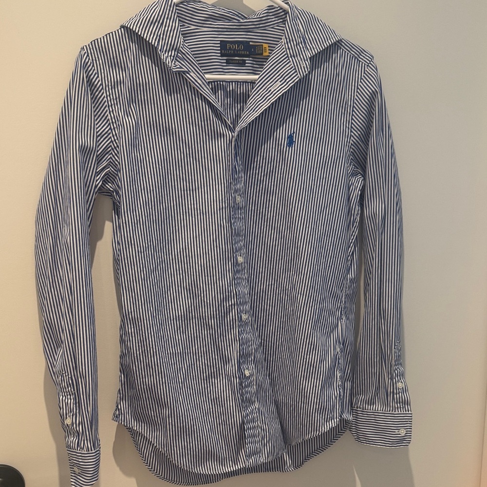 Polo by Ralph Lauren Women’s White and Blue Pinstripe Shirt